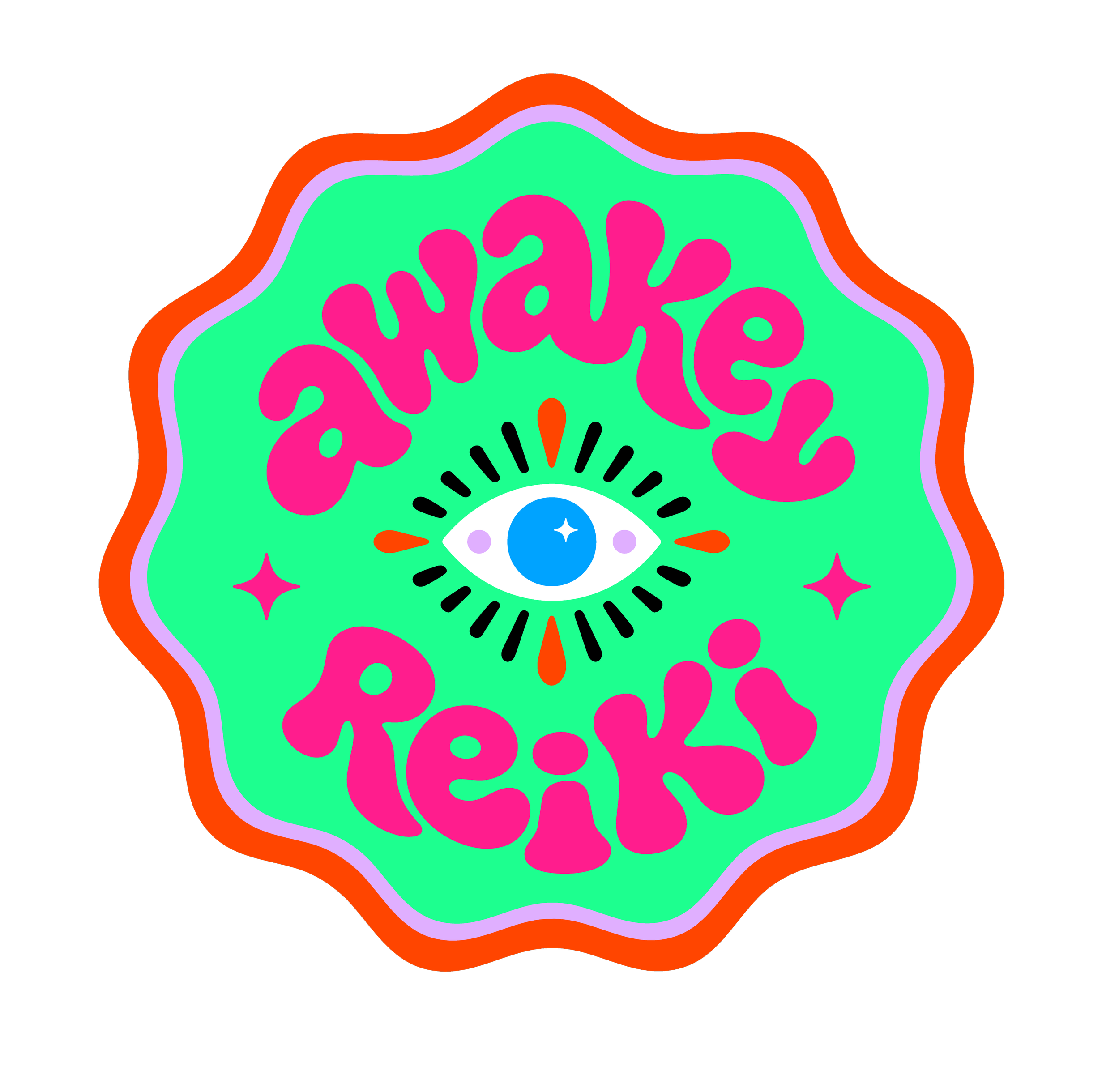 A colorful, abstract logo for Awakey Reiki featuring a stylized eye with decorative elements and vibrant colors including pink, green, orange, purple, and black with a ruffled edge around a circular shape.