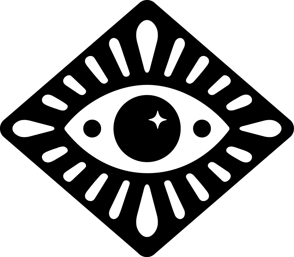 A black and white graphic of an eye with radiating lines and a star in the pupil.
