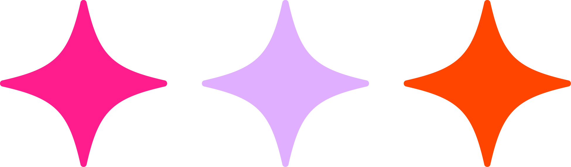 Three stylized sparkles in pink, purple, and orange colors aligned horizontally.
