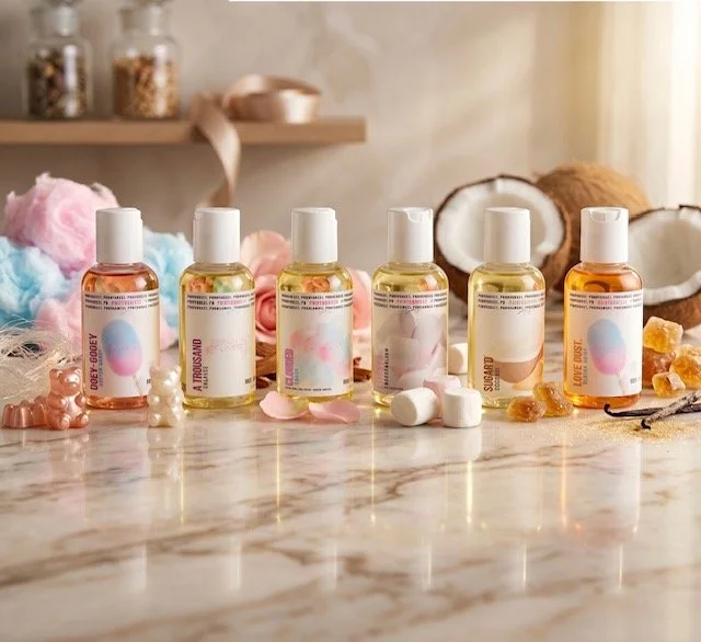Six bottles of colorful body or essential oils arranged on a marble surface with cotton, sugar crystals, and a coconut in the background.