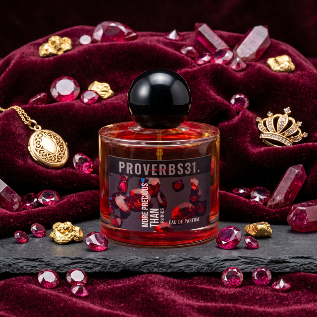 A perfume bottle labeled 'PROVERBS31' is surrounded by pink and clear gemstones, gold and crown jewelry, on a burgundy velvet fabric with scattered crystals, against a dark background.