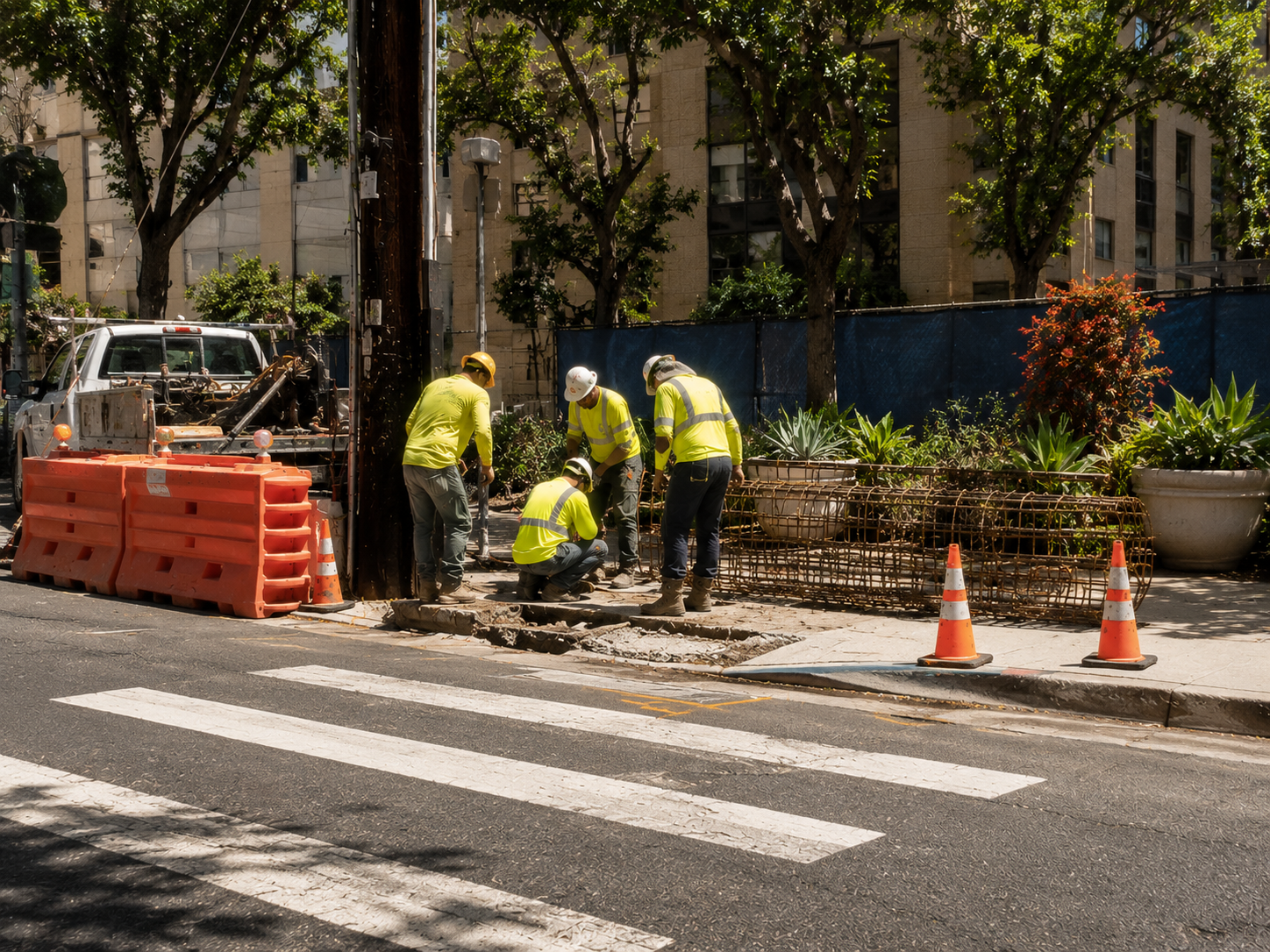 Construction workers in yellow safety vests and helmets repairing sidewalk near street crosswalk, with orange safety barriers and traffic cones, in an urban area with trees and buildings in the background.