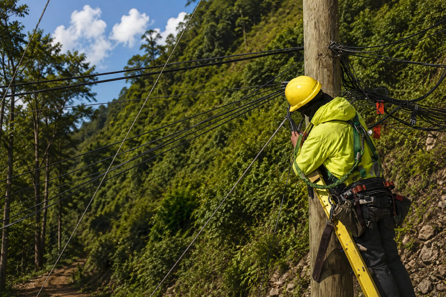 A lineman wearing a yellow hard hat and safety harness working on electrical wires attached to a wooden utility pole outdoors with a green, hilly background and blue sky.