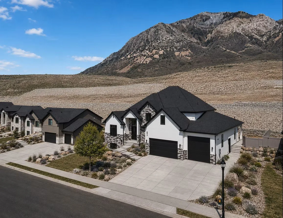 Modern house with black roof and white walls, landscaped front yard with rocks and a tree, situated in a mountainous area.