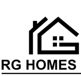 Logo for RG Homes featuring a house outline with two chimneys and four windows.