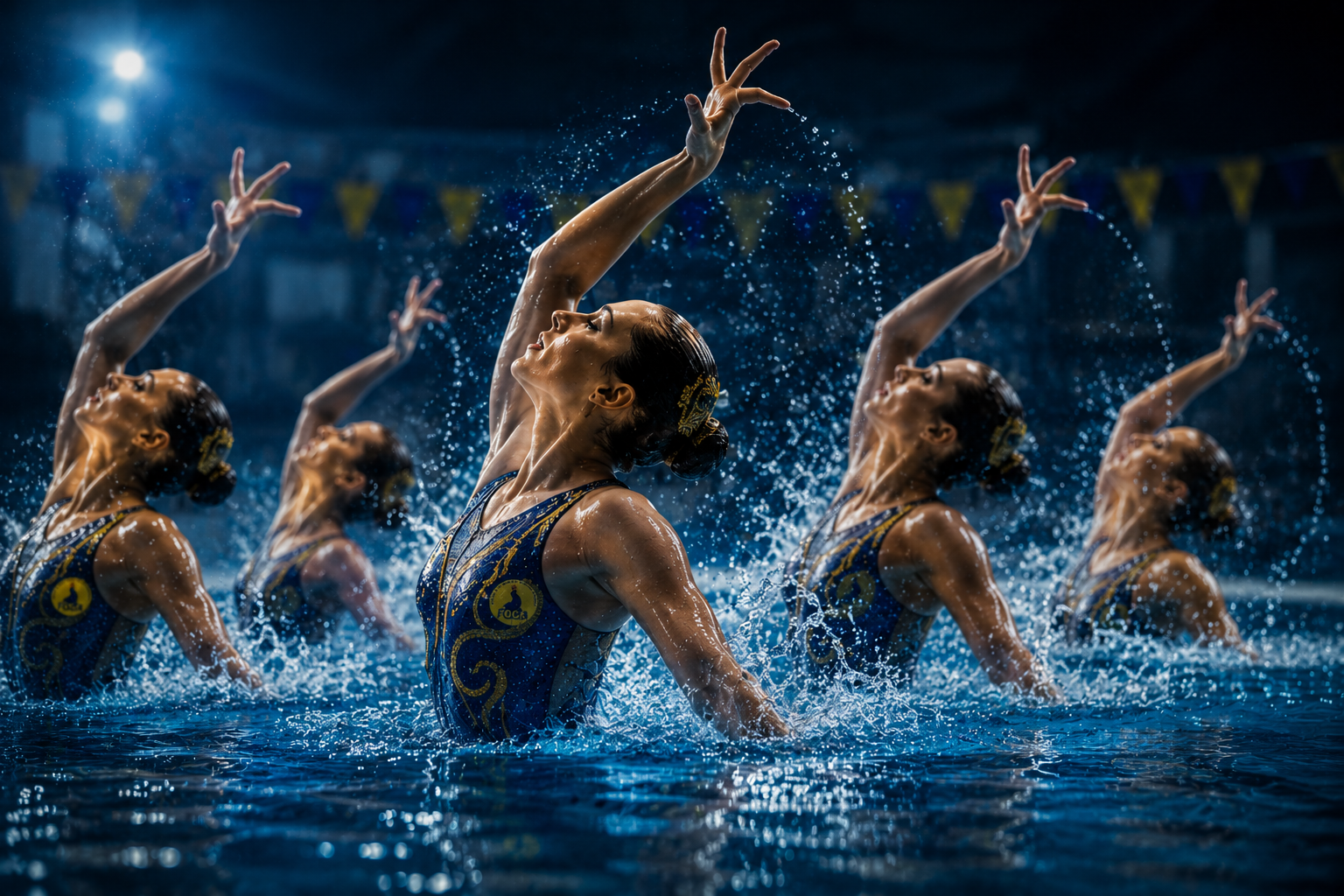 Grupo de nadadoras sincronizadas em apresentação na piscina, vestidas com uniforme azul e dourado, com cabelo preso, água espirrando ao redor delas.