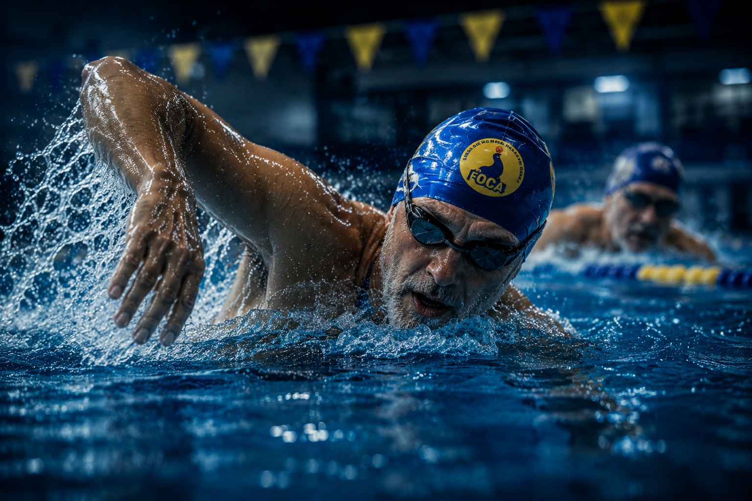 Adulto idoso competindo na natação em uma piscina, usando touca azul com logo e óculos de natação, com outro competidor ao fundo.