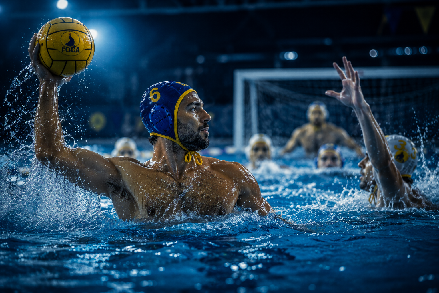 Jogador de polo aquático segurando uma bola na mão, com adversário tentando bloquear, durante jogo de polo aquático indoor, com outros jogadores ao fundo, perto do gol.