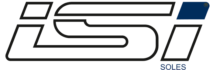 Logotipo da marca ISI SOLES com letras estilizadas e uma cor azul no topo.
