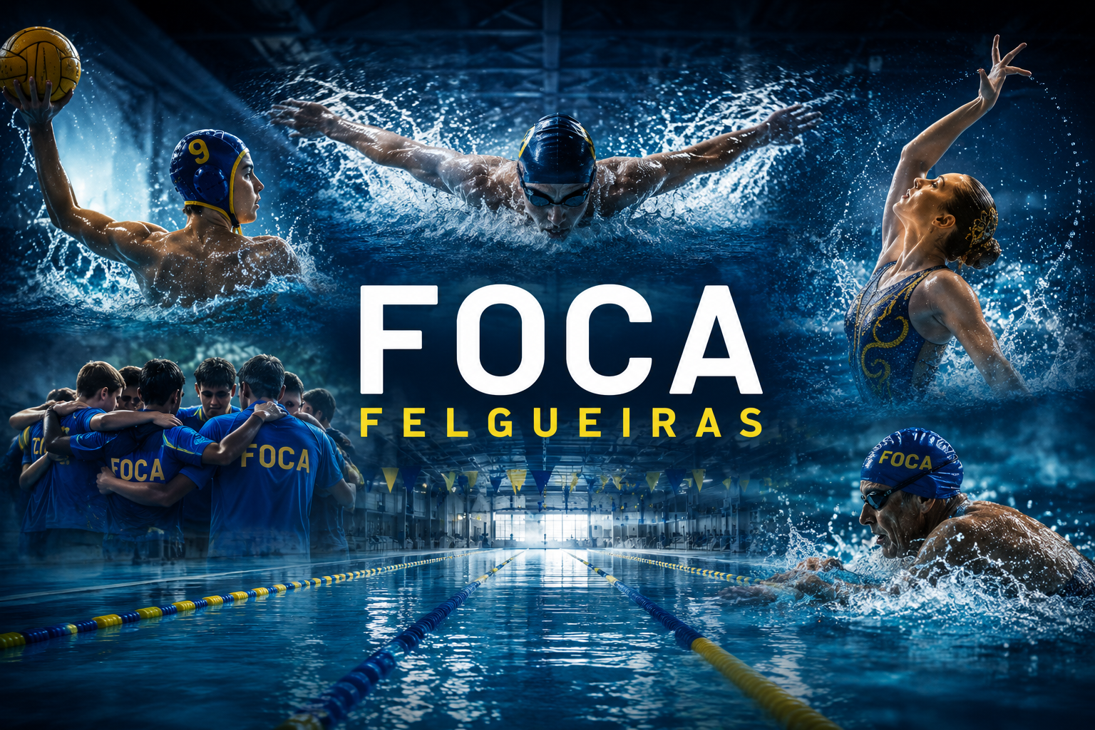 Imagem de uma equipe de natação do Foca Felgueiras no treinamento, com nadadores em ação na piscina e um grupo de atletas em círculo de união. Texto destacado: 'FOCA FELGUEIRAS'.