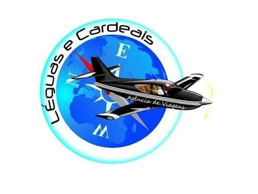 Logotipo de uma agência de viagens com um avião sobre um globo terrestre e um girocosmo ao fundo.