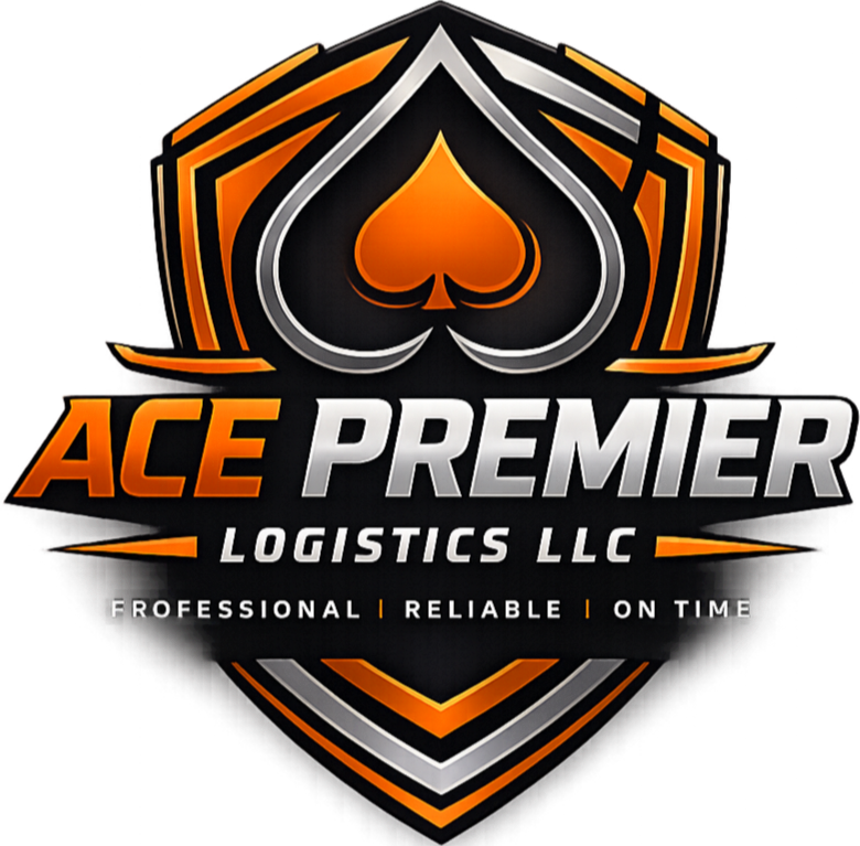 A logo for Ace Premier Logistics LLC features a shield shape with orange, black, and silver colors. The center has a spade symbol, and the text includes "ACE PREMIER LOGISTICS LLC" along with the tagline "PROFESSIONAL | RELIABLE | ON TIME."