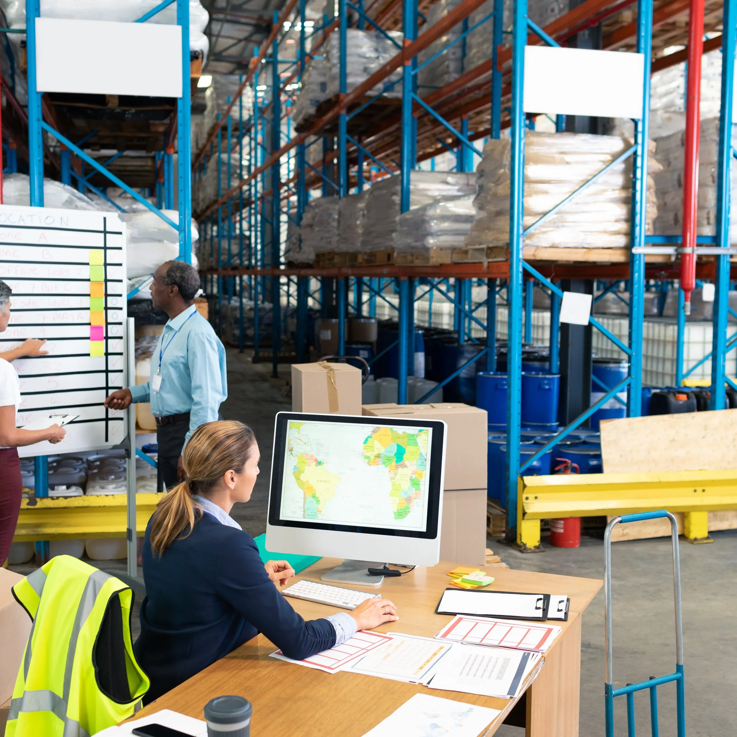 A woman sitting at a desk in a warehouse, working on a computer displaying a map of Africa. She has a yellow safety vest draped over the back of her chair, and there are papers and a clipboard on the desk. In the background, several men are standing and talking, with tall storage shelves filled with boxes and pallets around them.