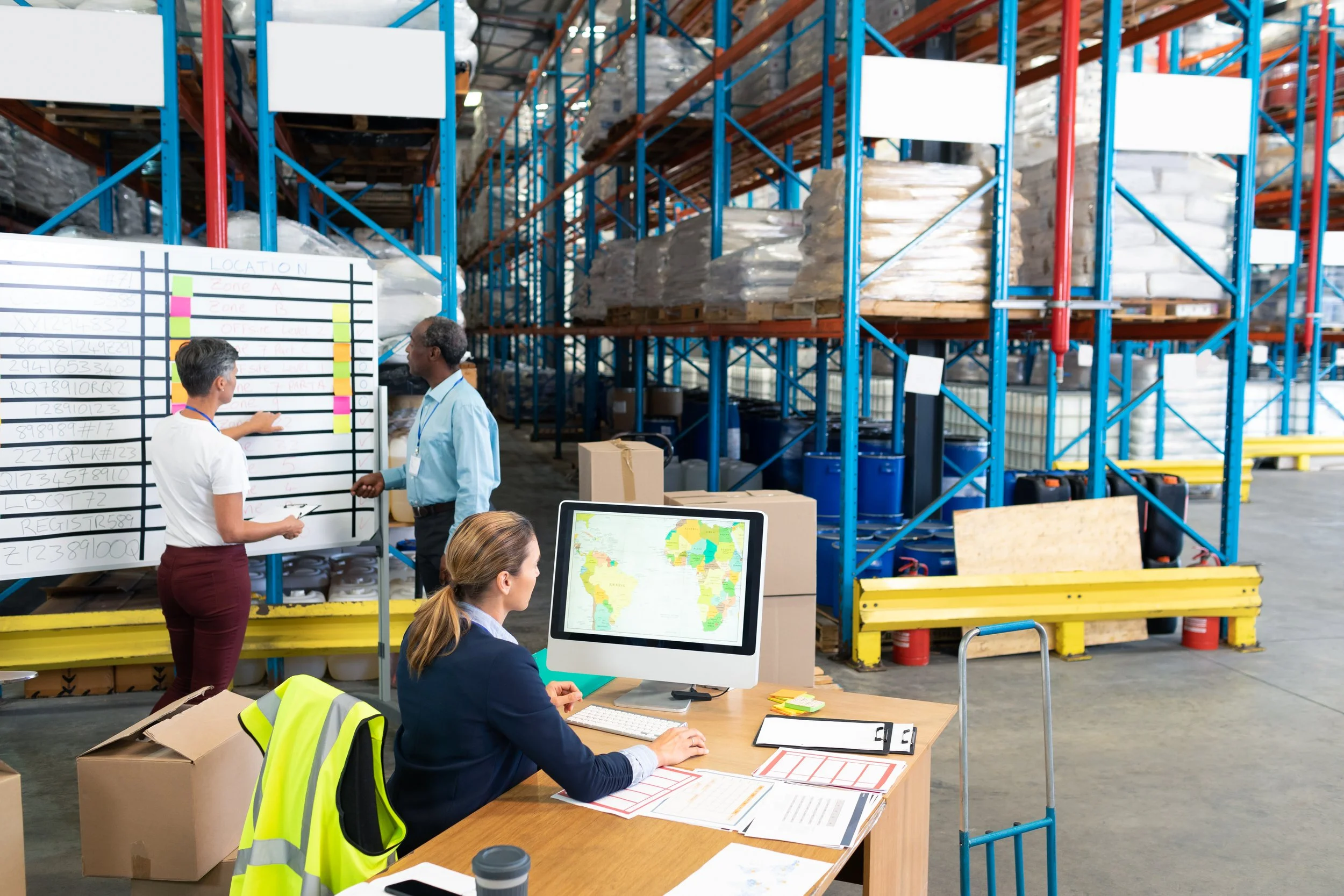 Warehouse employees working at a desk with computers, maps, and paperwork, in front of tall shelves filled with stored goods.