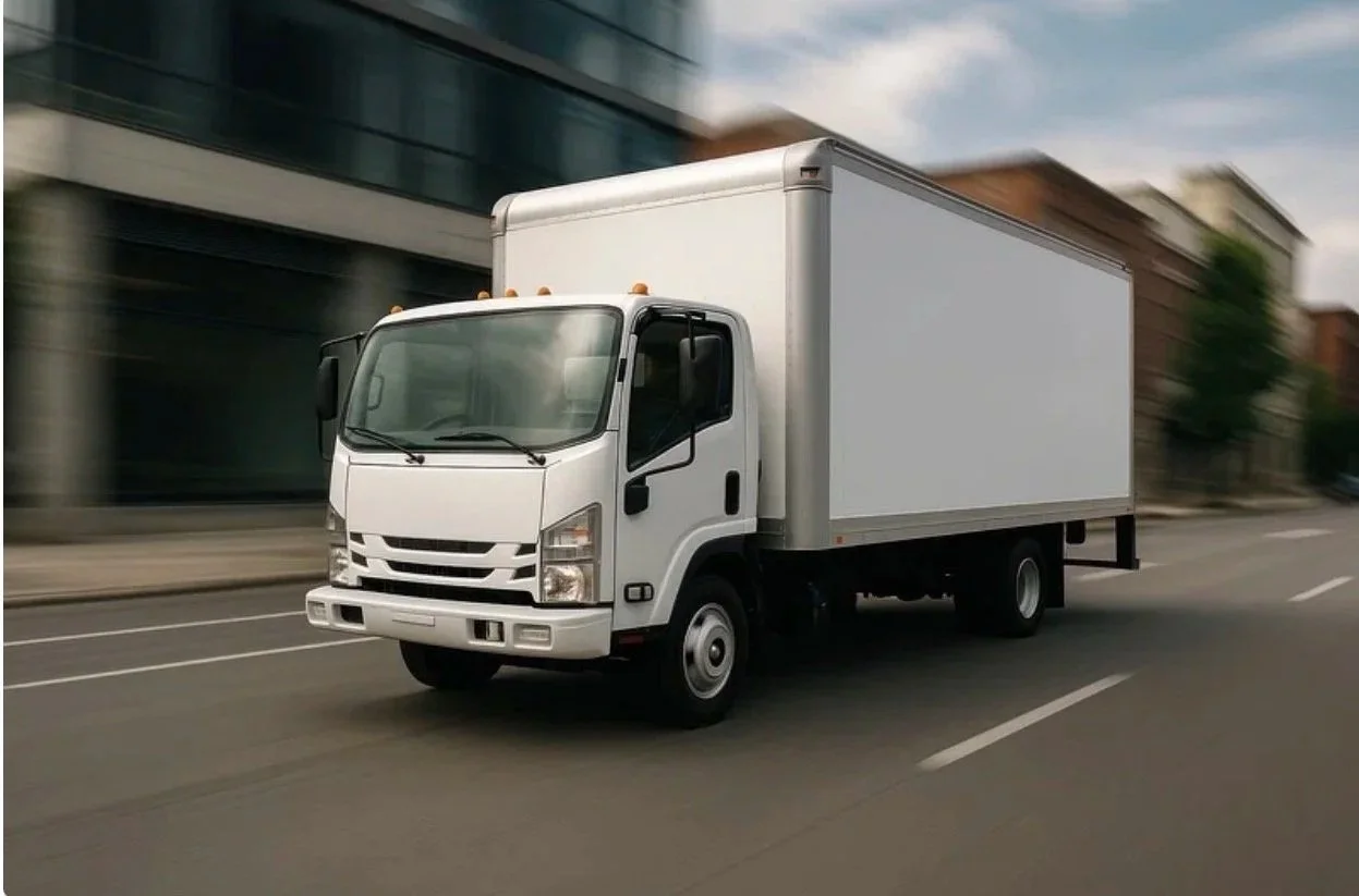 A white moving truck driving on a city street with blurred buildings in the background.