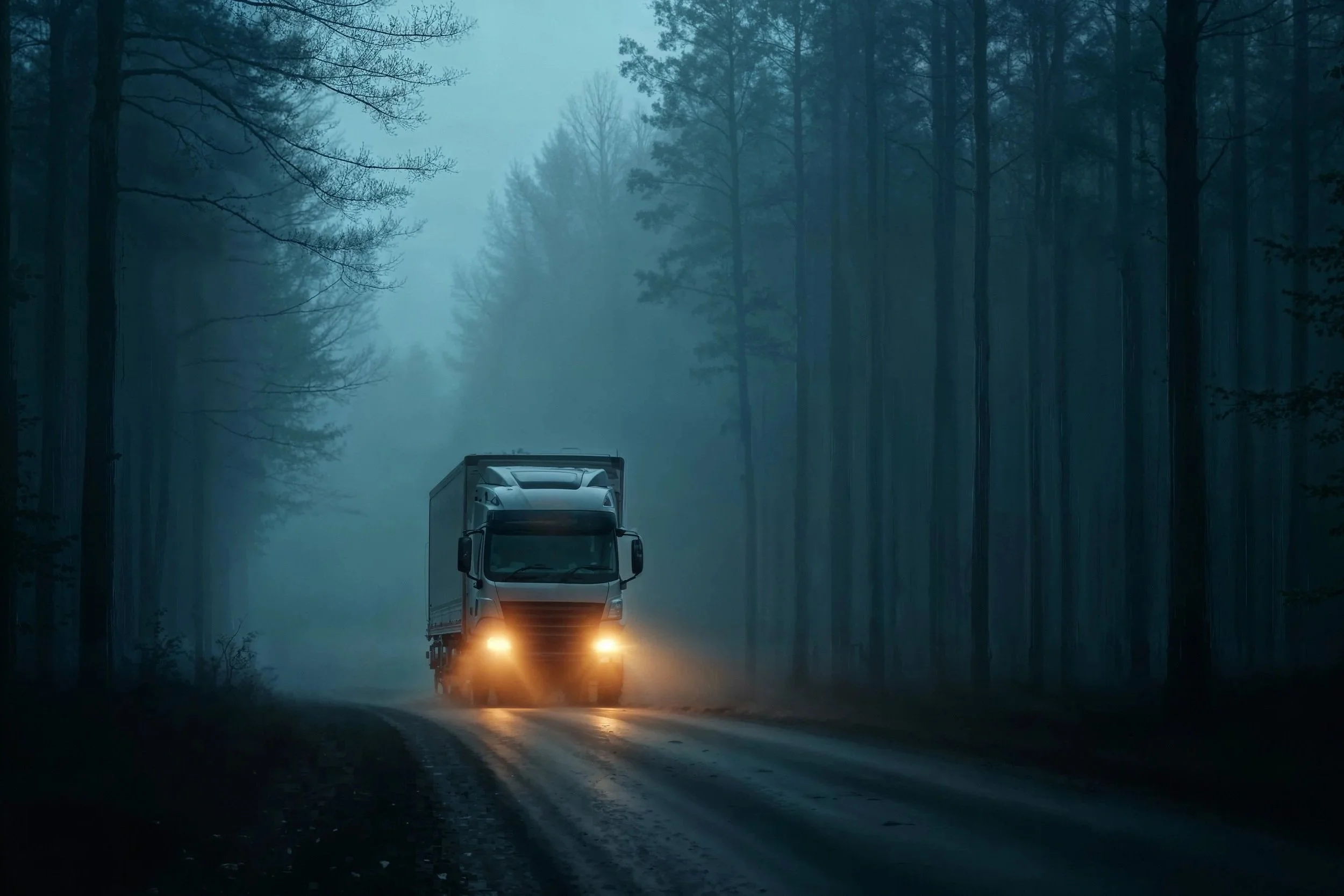 A truck driving down a foggy forest road with trees on both sides, headlights illuminating the path.