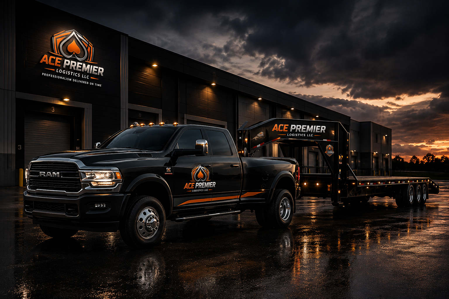Black flatbed truck with 'ACE PREMIER LOGISTICS LLC' logo parked outside a warehouse at sunset, with cloudy sky and wet pavement reflecting the truck's lights.