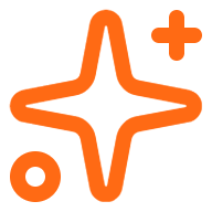 Orange abstract icon with a plus sign and a small circle