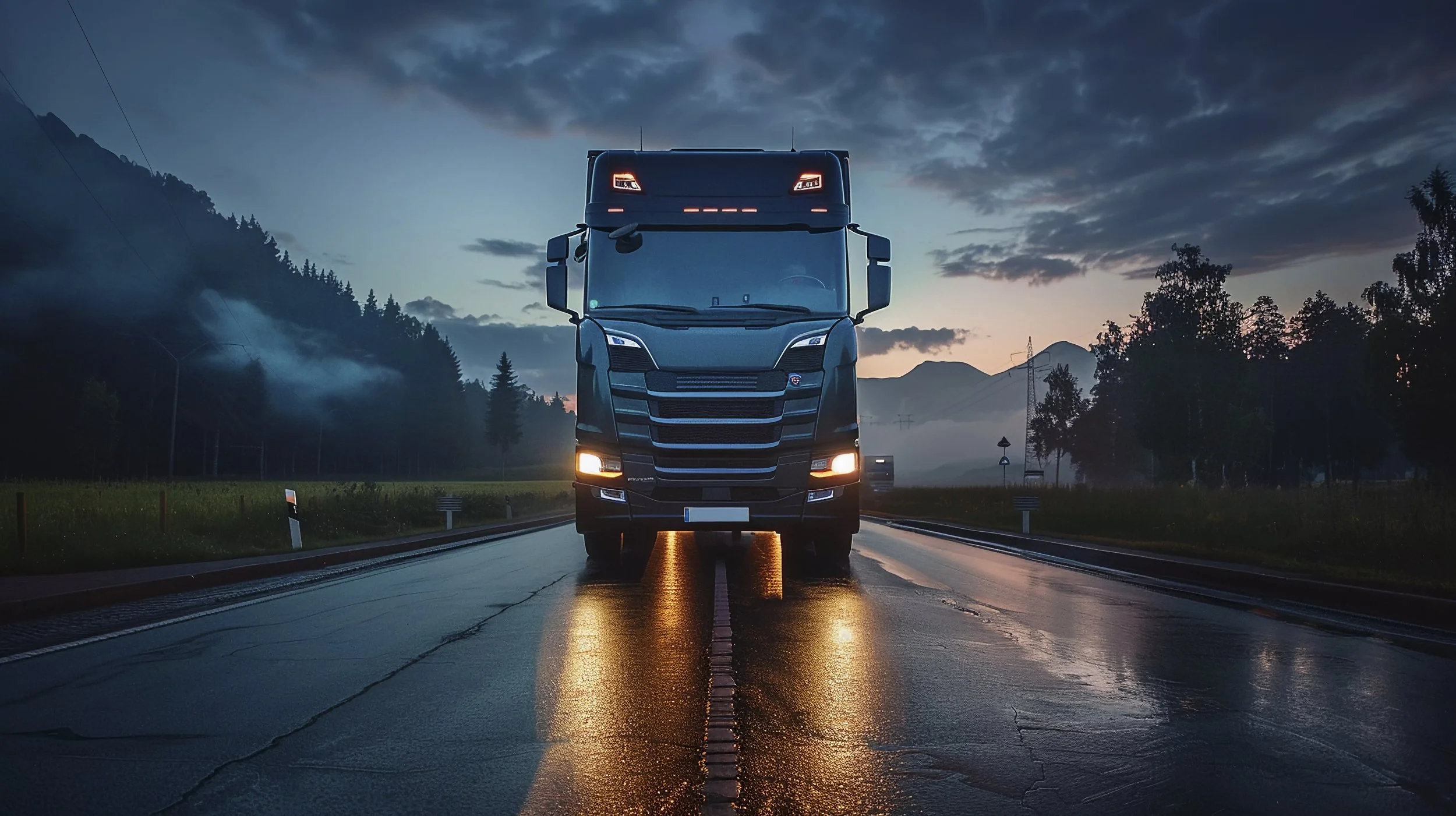 A large semi-truck driving on a wet road during sunset with mountains and trees in the background.
