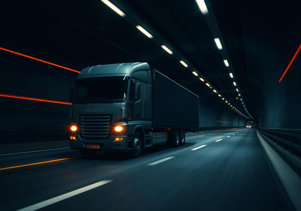 A large grey semi-truck driving through a tunnel at night