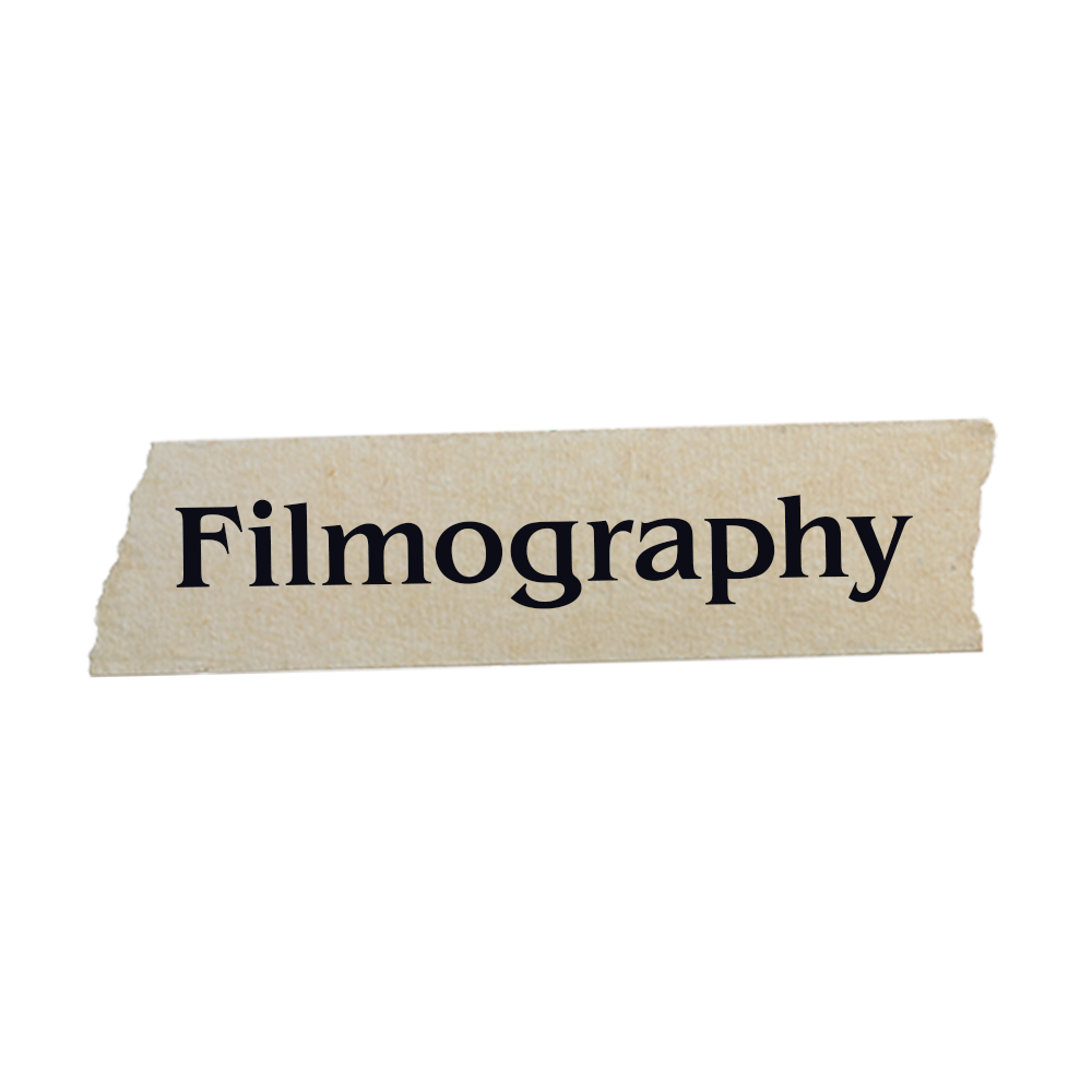A piece of torn paper with the word 'Filmography' printed on it in black letters.