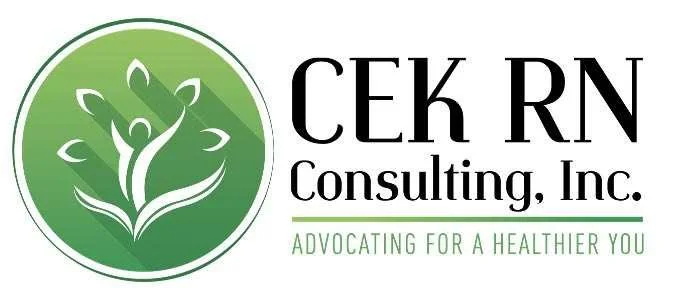Logo for CEK RN Consulting, Inc. featuring a green circle with a stylized person and leaves, and the tagline 'Advocating for a healthier you'.