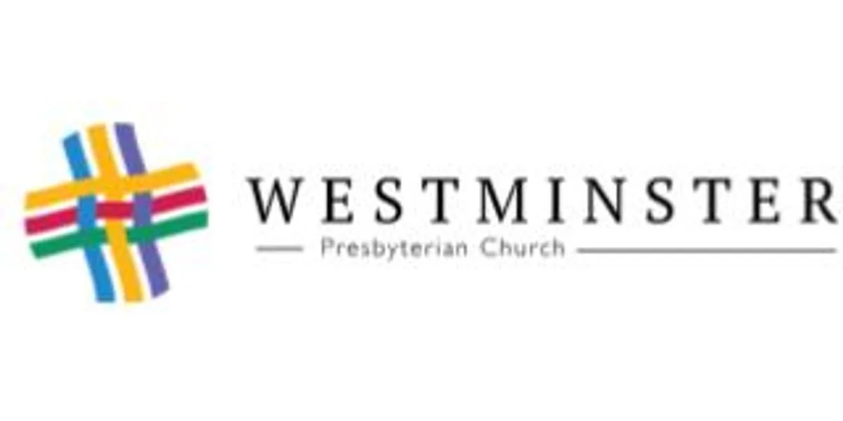 Logo of Westminster Presbyterian Church, featuring a colorful woven pattern and the church name in black text.