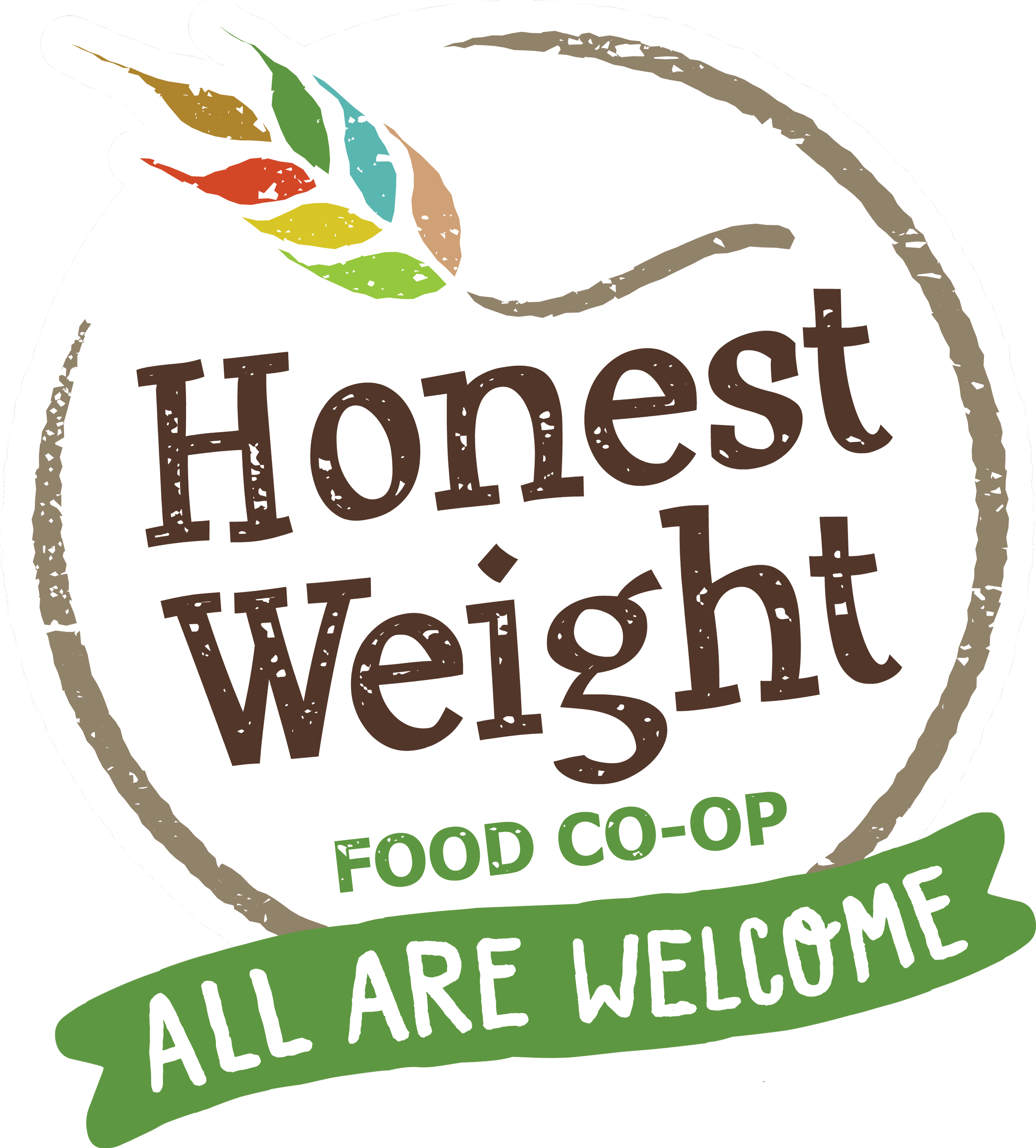 A colorful circular logo for a food co-op called 'Honest'. The logo features a white background with green, yellow, red, blue, brown, and beige accents, and text that says 'FOOD CO-OP' and 'ALL ARE WELCOME'.