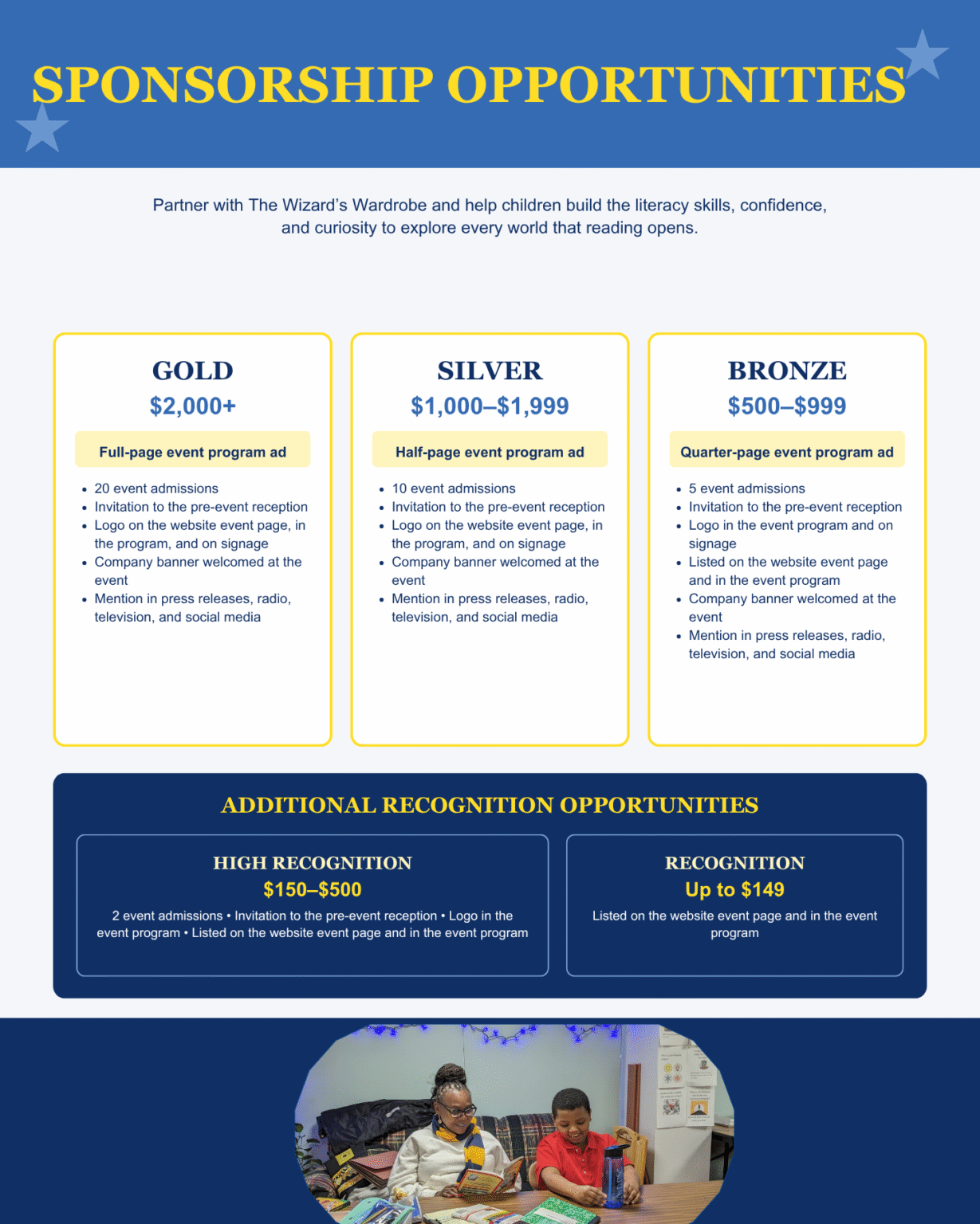 A poster titled 'Sponsorship Opportunities' featuring three donation levels—Gold, Silver, and Bronze—with descriptions of each, and a section below highlighting additional recognition opportunities. At the bottom, there is a photo of two children reading books at a table.