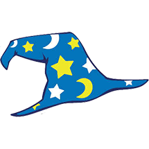 A witch's hat with a blue background decorated with yellow stars, white moons, and other celestial symbols.