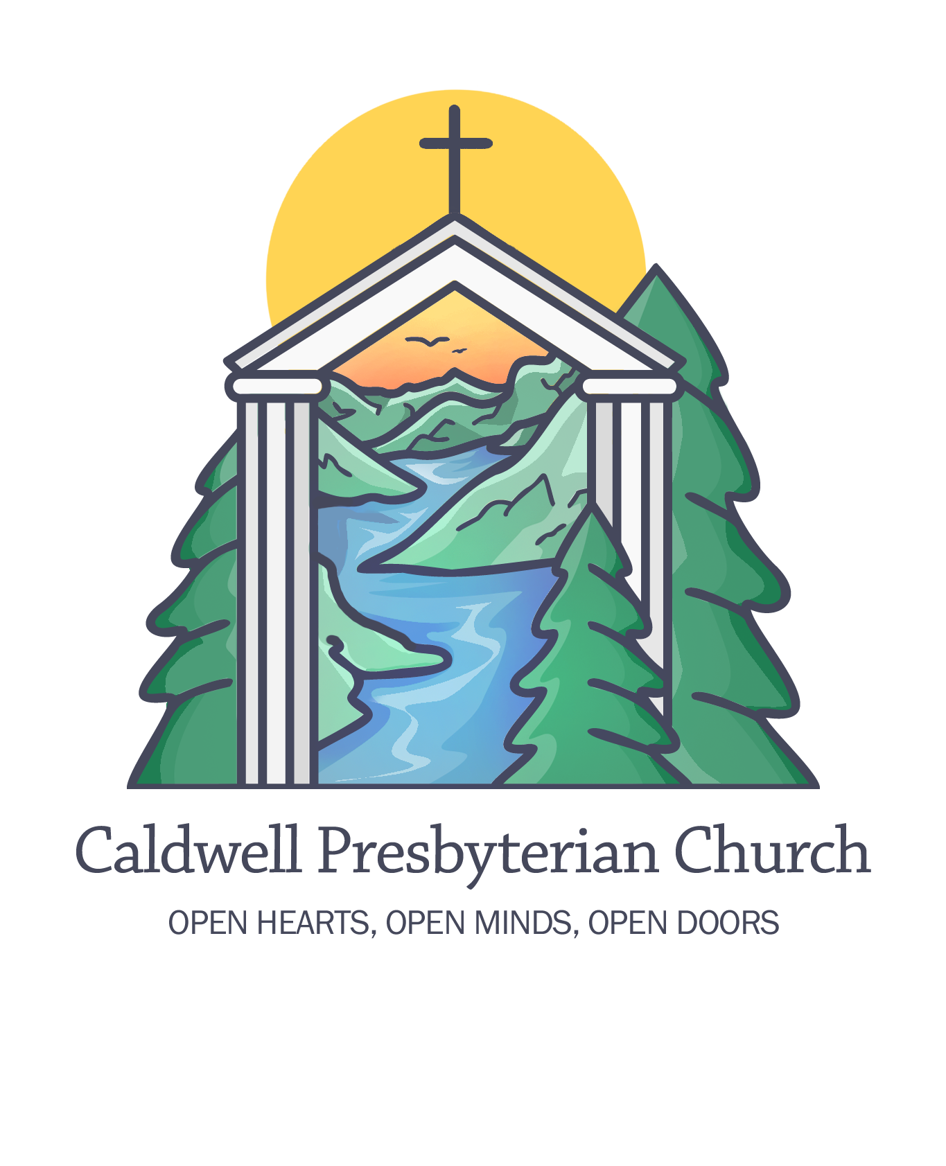 A logo featuring a mountain landscape with a river flowing through green mountains, seen through a stained glass window style with a cross at the top, symbolizing faith and nature.