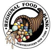 A circular logo with the text 'Regional Food Bank Northeastern New York' around the edge, featuring a large brown barrel, various food items like eggs, onions, and canned goods.