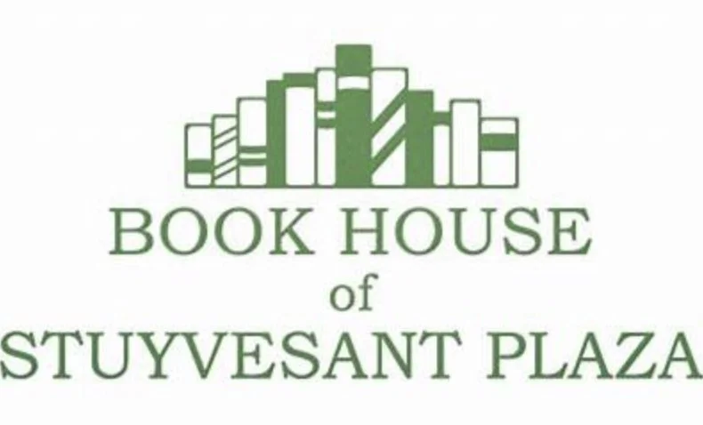 Logo of Book House of Stuyvesant Plaza with a green bookshelf graphic and text in green.
