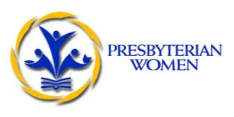 Logo of Presbyterian Women featuring stylized blue figures of women with a book, encircled by yellow and black swooshes, and the text 'Presbyterian Women' in blue.