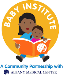 Logo for Baby Institute showing an adult woman reading a child a book inside a yellow circle. Text above reads 'Baby Institute.' Text below states 'A Community Partnership with Albany Medical Center'.