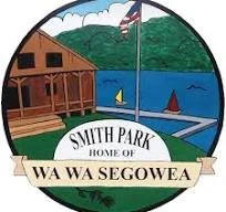 Logo for Smith Park, featuring water, a sailboat, mountains, and a building, with text 'Home of Wa Wa Segowea'.