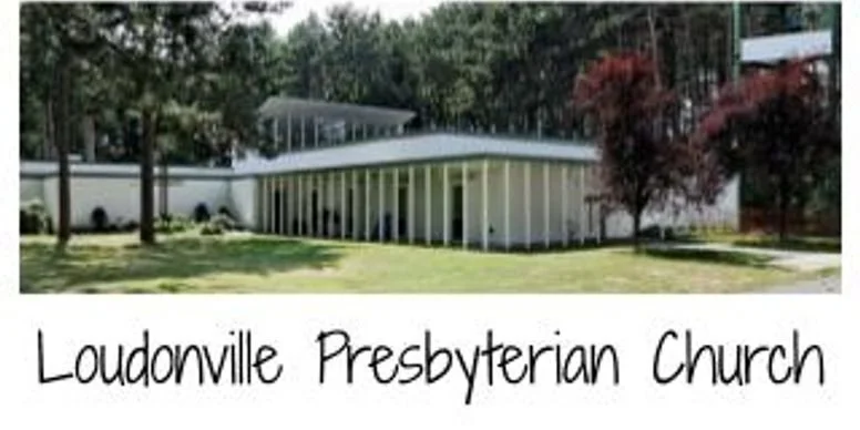 Modern church building with glass and white exterior, surrounded by trees, with the text 'Loudonville Presbyterian Church' at the bottom.