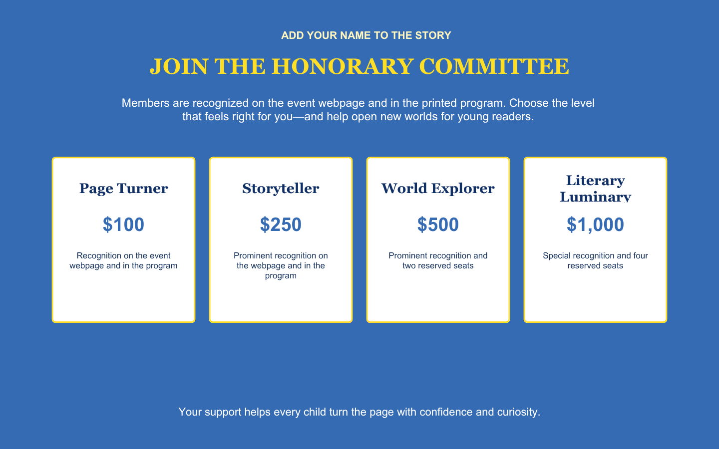 A digital graphic for a fundraising event encouraging people to join the Honorary Committee, featuring four levels: Page Turner for $100, Storyteller for $250, World Explorer for $500, and Literary Luminary for $1,000, with descriptions of recognition benefits, set against a blue background.