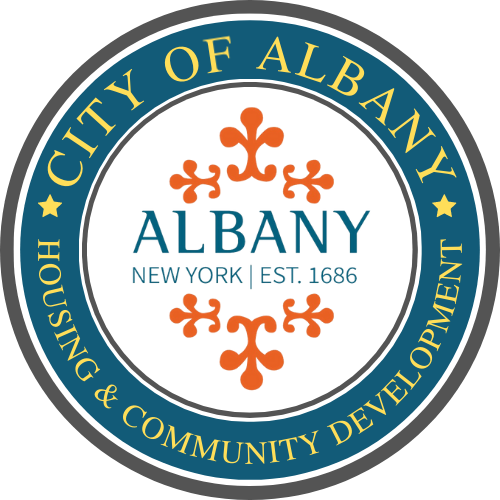 Seal of the City of Albany, New York, with text indicating established in 1686, featuring decorative orange floral elements and a blue and gold circular border.