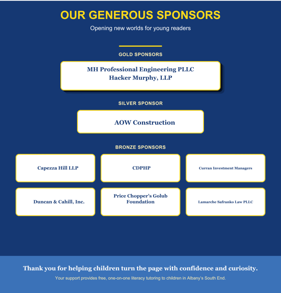 List of sponsors for a children's literacy event, including gold, silver, and bronze sponsors, on a blue background with yellow headings and white boxes containing sponsor names.