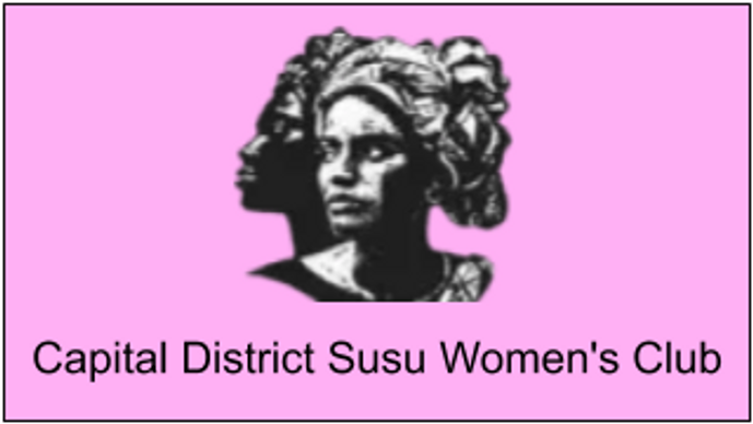 Logo of the Capital District Susu Women’s Club featuring a stylized woman’s face with an afro hairstyle, on a pink background.