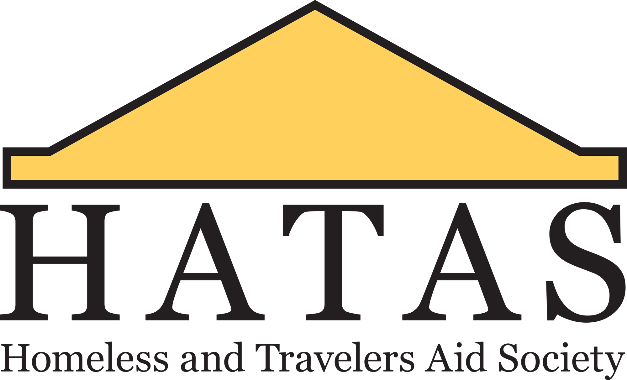 Logo of the Homeless and Travelers Aid Society featuring a yellow triangle resembling a house roof.