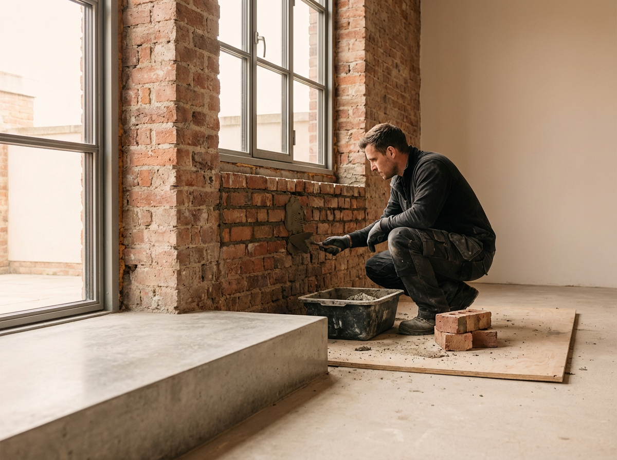 A man in black work clothes kneels on a wooden sheet, applying mortar to a brick wall inside a building, with bricks and a container of mortar nearby.