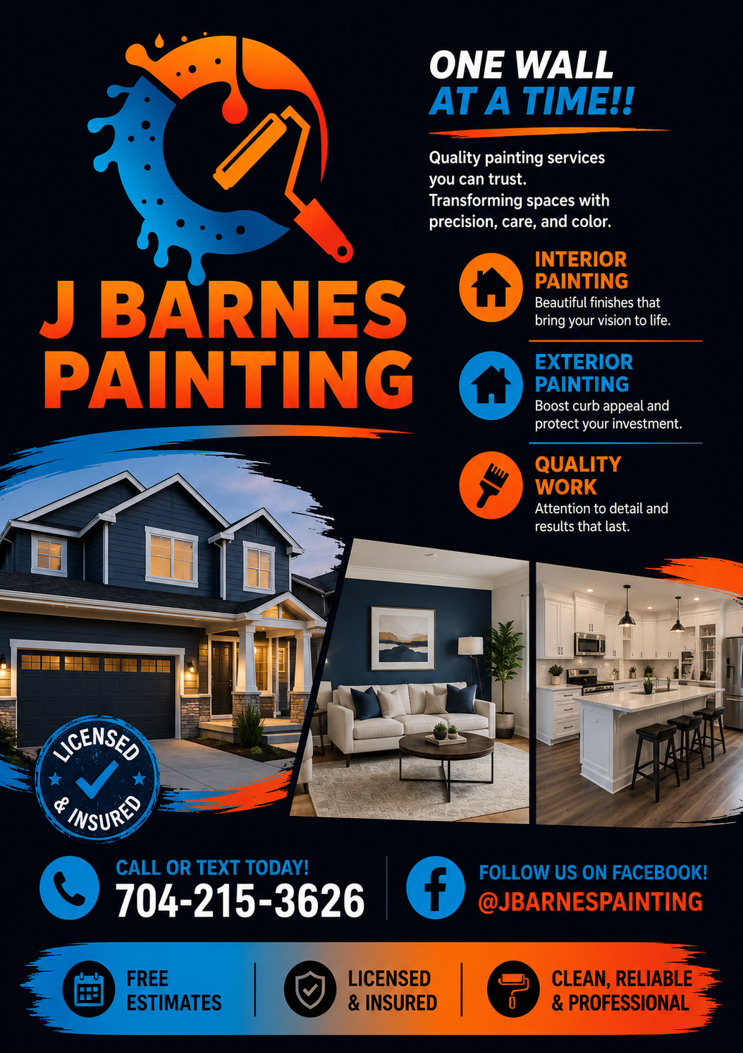 Flyer for J Barnes Painting offers interior and exterior painting services. Features a house, living room, and kitchen images, with contact information, social media, and service details. Emphasis on quality work by licensed and insured professionals