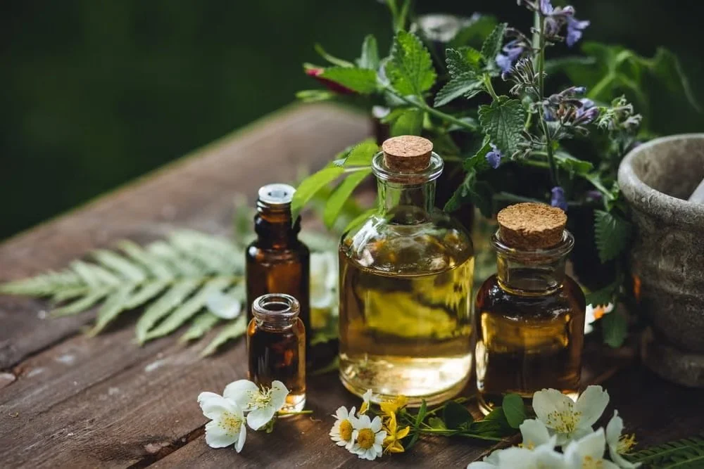 Assorted natural one ingredient oil bottles on botanical leaves