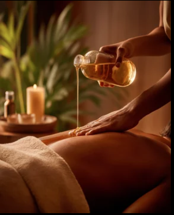 A person receiving a hot oil massage in a dimly lit spa, with candles and relaxation decor in the background.