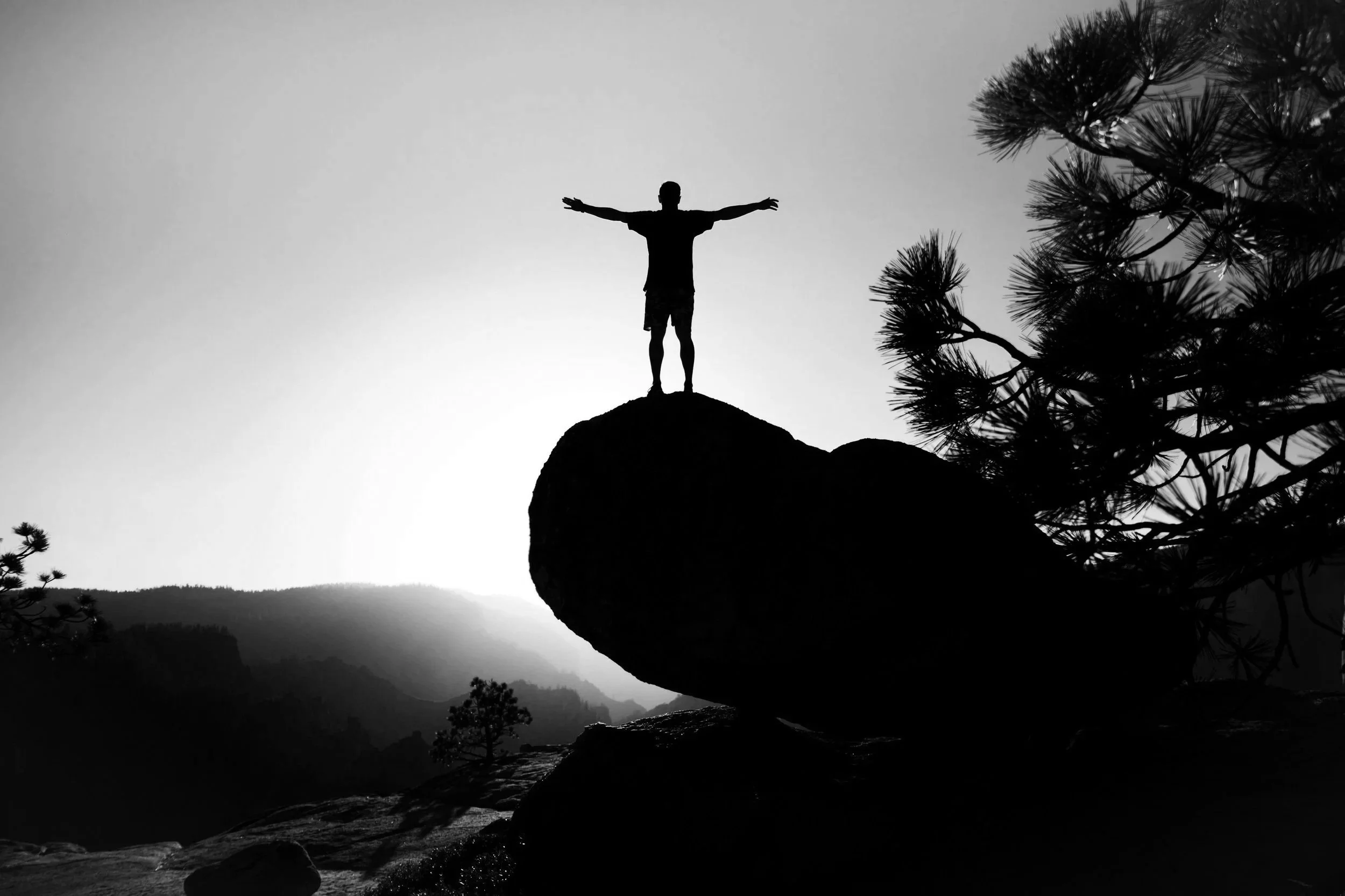 Silhouette of a person standing with arms outstretched on a rock in a mountainous landscape at sunset, with pine trees in foreground.