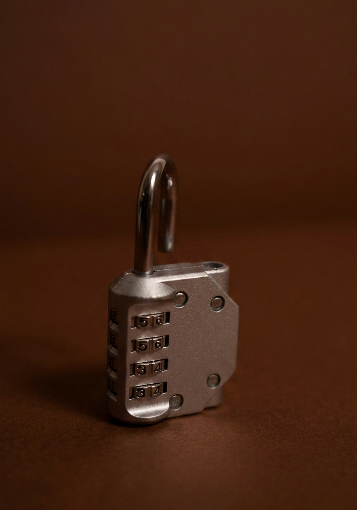 A silver combination padlock with a curved shackle resting on a brown surface against a brown background.