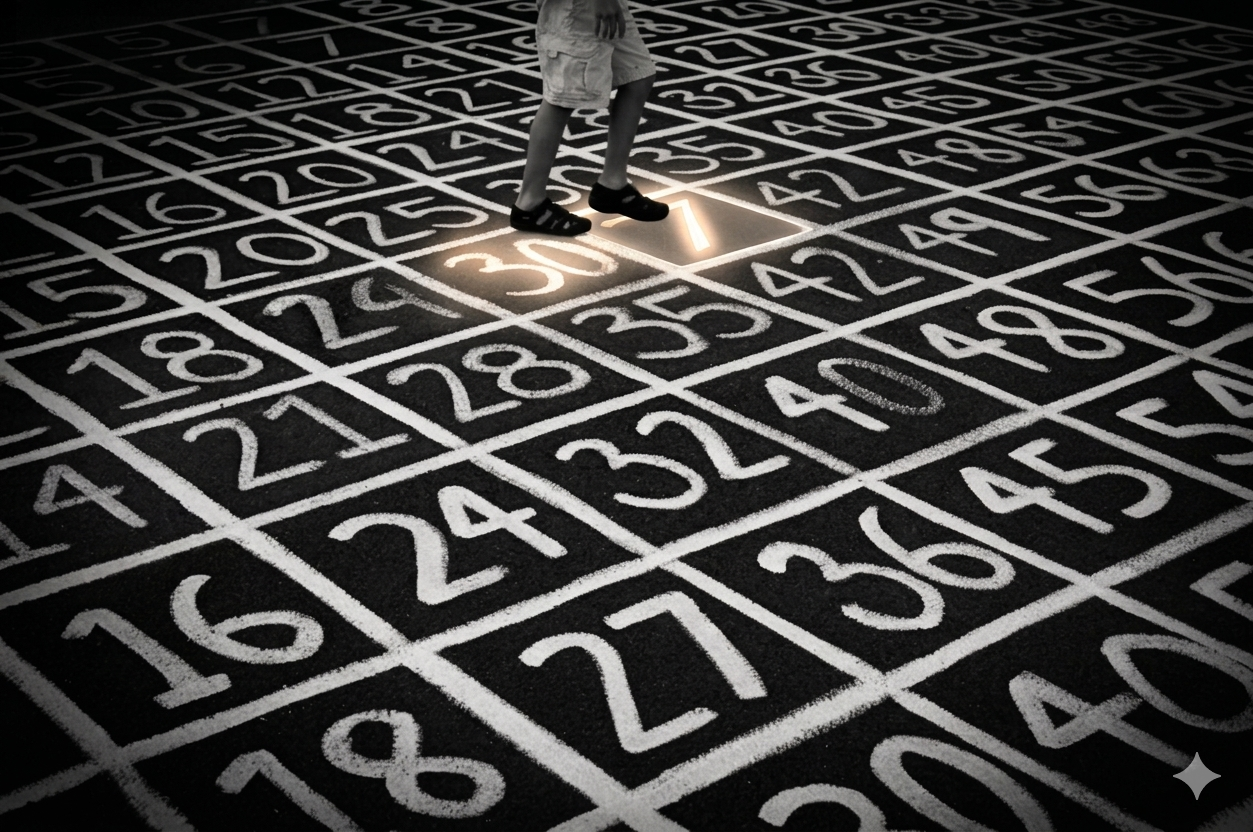 Child standing on a large blackground with numbered squares, resembling a giant hopscotch or number grid, with a glow around the number 30.