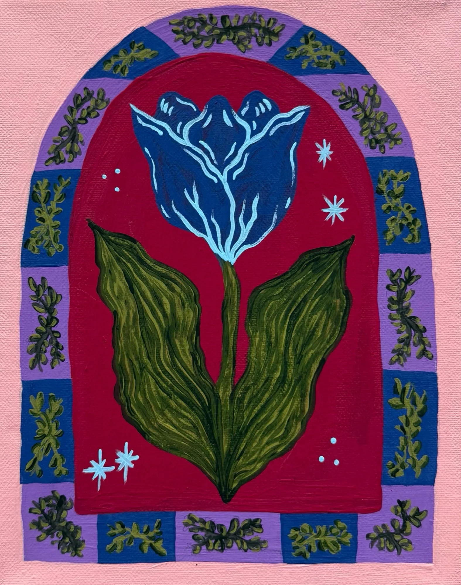 A painting of a blue flower with green leaves on a red background, surrounded by a purple arch with small green leaves and white stars.